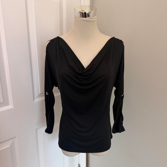 The Limited Tops - Y2K BLACK THE LIMITED COWL NECK BELT BUCKLE OPEN 3/4 SLEEVE TOP